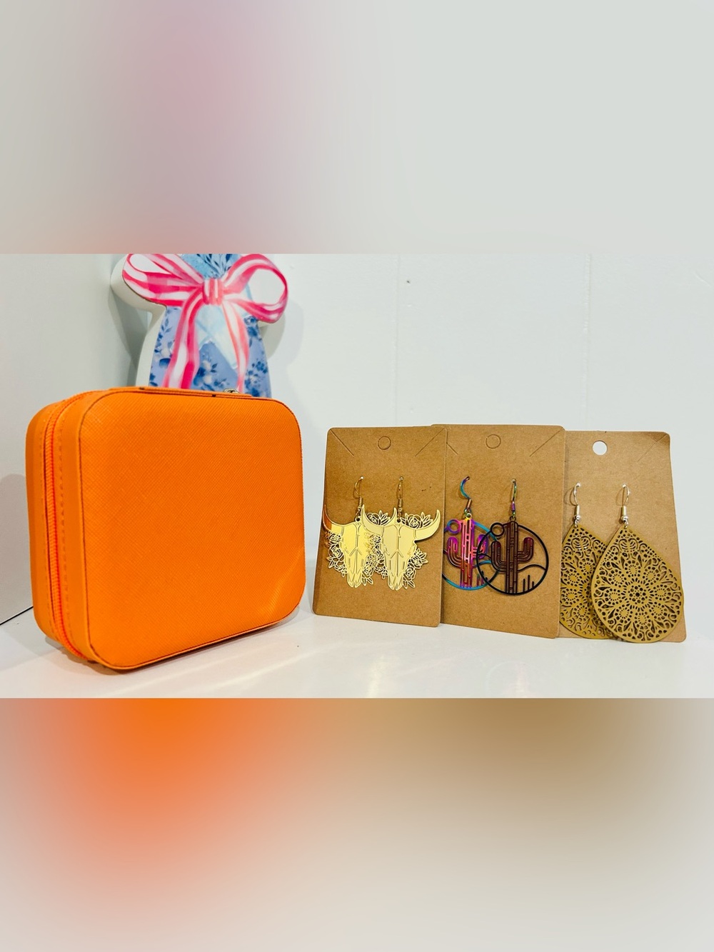 Orange Travel Jewelry Case and Three Pairs of Western Themed Earrings - Picture 2 of 2
